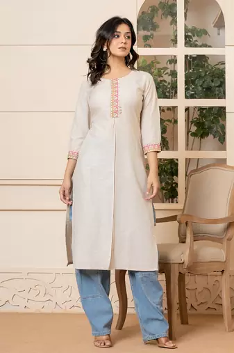  linen beige embroidery straight kurta