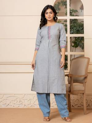  linen grey embroidery straight kurta 1