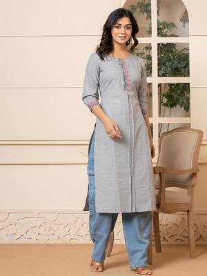  linen grey embroidery straight kurta 2