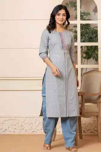 linen grey embroidery straight kurta