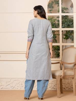  linen grey embroidery straight kurta 3