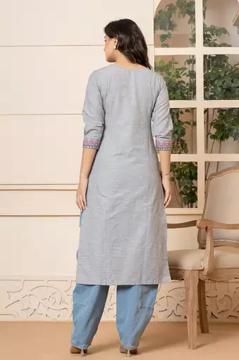  linen grey embroidery straight kurta