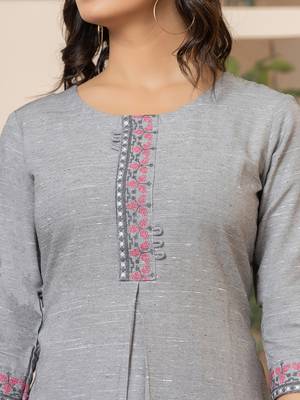  linen grey embroidery straight kurta 4