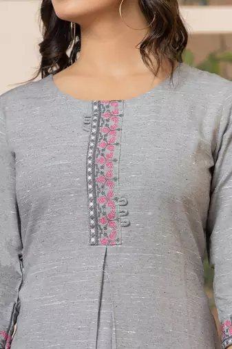  linen grey embroidery straight kurta