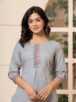  linen grey embroidery straight kurta 5