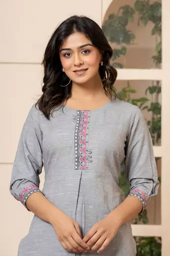  linen grey embroidery straight kurta