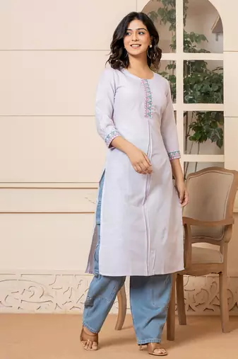  linen lavender embroidery straight kurta