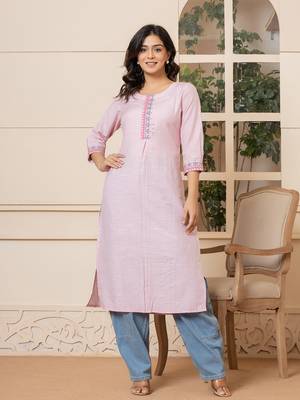  linen pink embroidery straight kurta 1