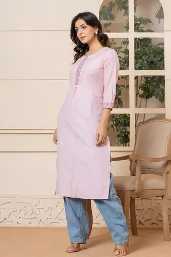  linen pink embroidery straight kurta