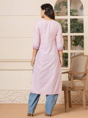  linen pink embroidery straight kurta 3