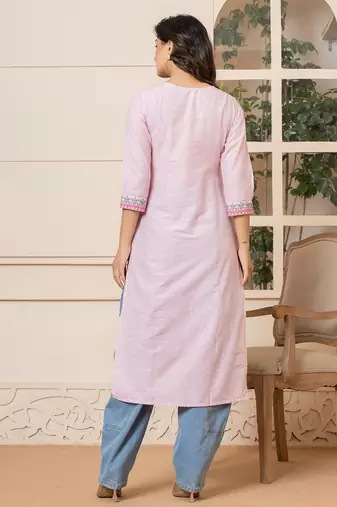  linen pink embroidery straight kurta