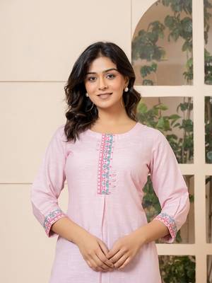  linen pink embroidery straight kurta 5