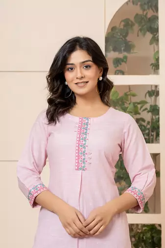  linen pink embroidery straight kurta