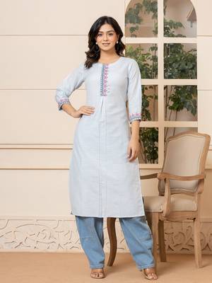  linen sky blue embroidery straight kurta 1