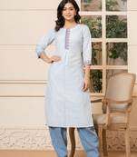  linen sky blue embroidery straight kurta