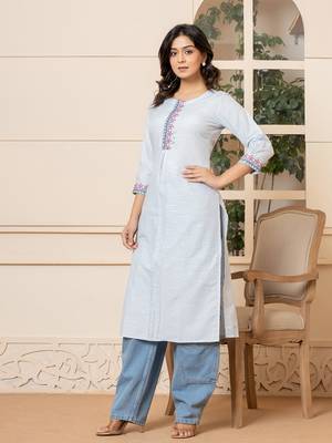  linen sky blue embroidery straight kurta 2