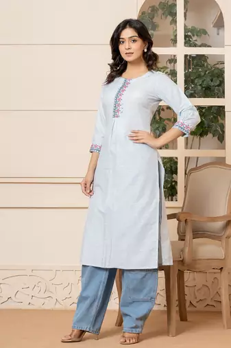  linen sky blue embroidery straight kurta