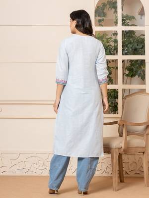  linen sky blue embroidery straight kurta 3
