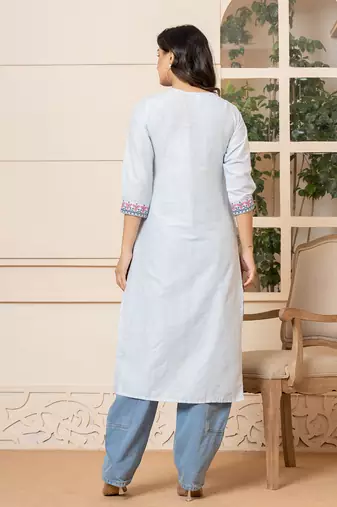  linen sky blue embroidery straight kurta