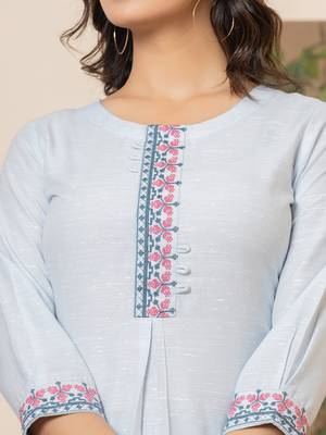  linen sky blue embroidery straight kurta 4