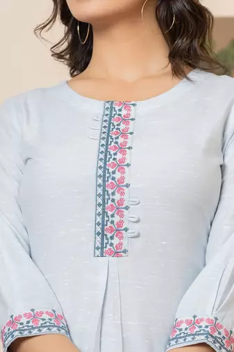  linen sky blue embroidery straight kurta
