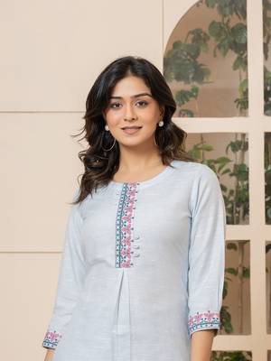  linen sky blue embroidery straight kurta 5