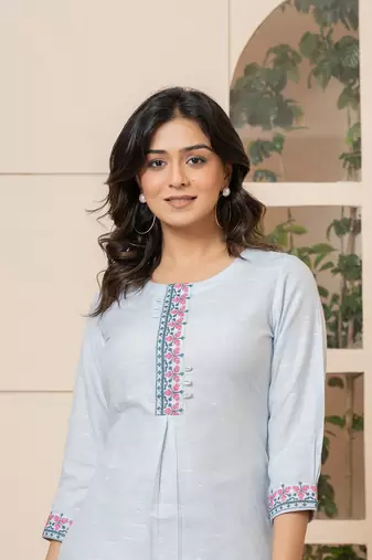  linen sky blue embroidery straight kurta
