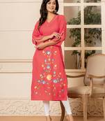  hot pink hand painted straight kurta