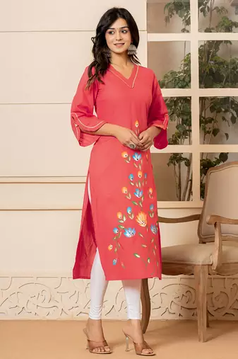  hot pink hand painted straight kurta