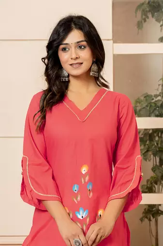  hot pink hand painted straight kurta
