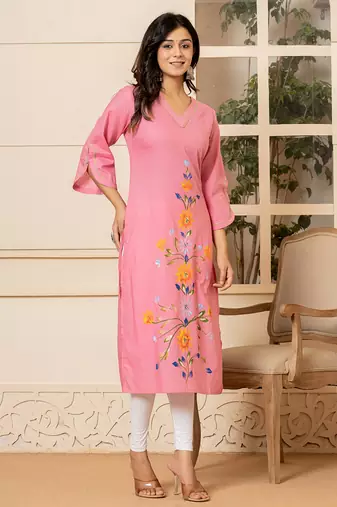  pink hand painted straight kurta