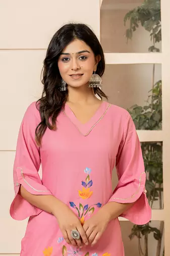  pink hand painted straight kurta