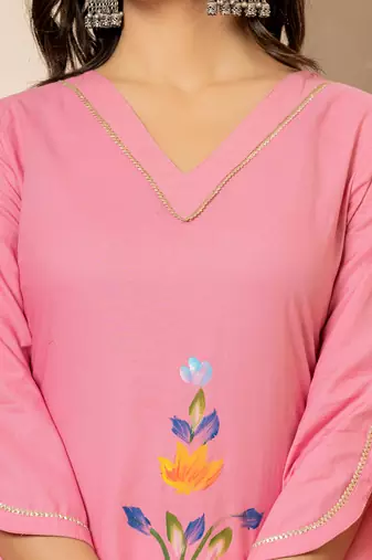  pink hand painted straight kurta