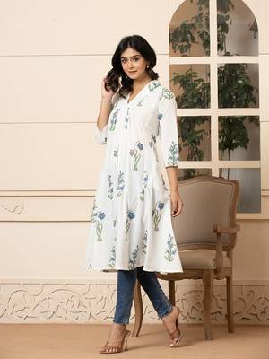  blue & white cotton floral print aline kurta 2
