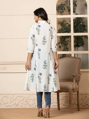  blue & white cotton floral print aline kurta 3