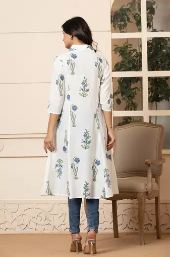  blue & white cotton floral print aline kurta