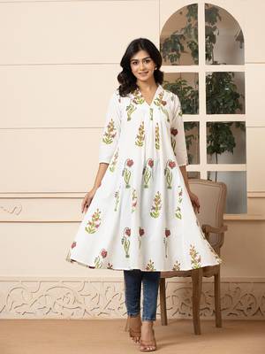 pink & white cotton floral print aline kurta 1