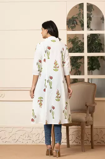  pink & white cotton floral print aline kurta