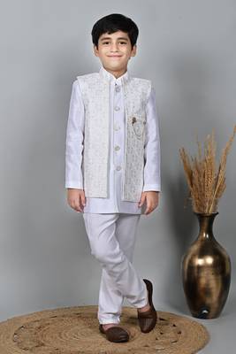 Boys silk blend embroidered sequined indo western sherwani set - white 1