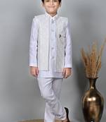 Boys silk blend embroidered sequined indo western sherwani set - white