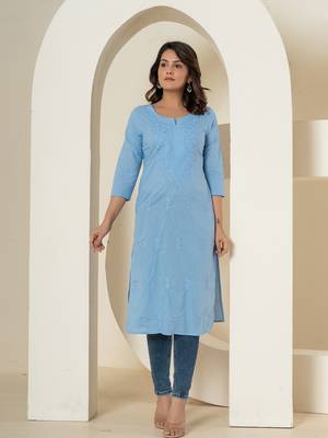  sky blue chikankari straight kurta 1