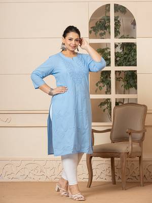  sky blue floral straight plus size kurta 2