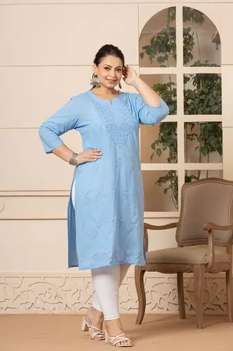  sky blue floral straight plus size kurta