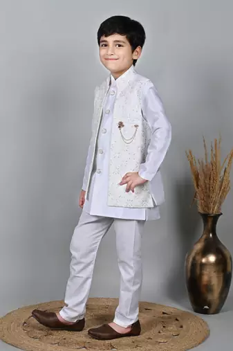 Boys silk blend embroidered sequined indo western sherwani set - white