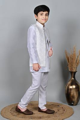 Boys silk blend embroidered sequined indo western sherwani set - white 4