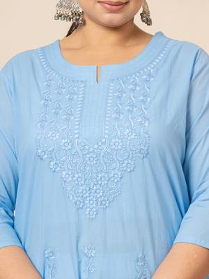  sky blue floral straight plus size kurta 4