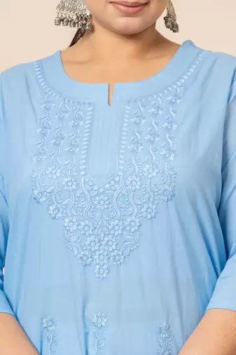  sky blue floral straight plus size kurta