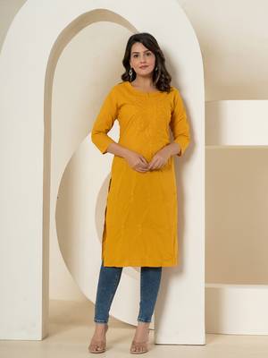  mustard chikankari straight kurta 1