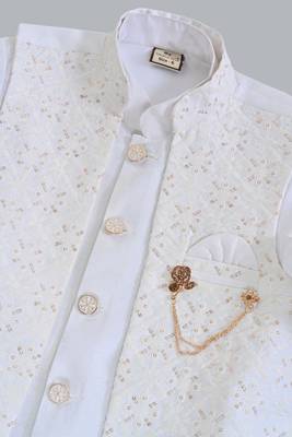 Boys silk blend embroidered sequined indo western sherwani set - white 5