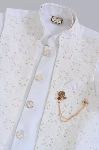 Boys silk blend embroidered sequined indo western sherwani set - white